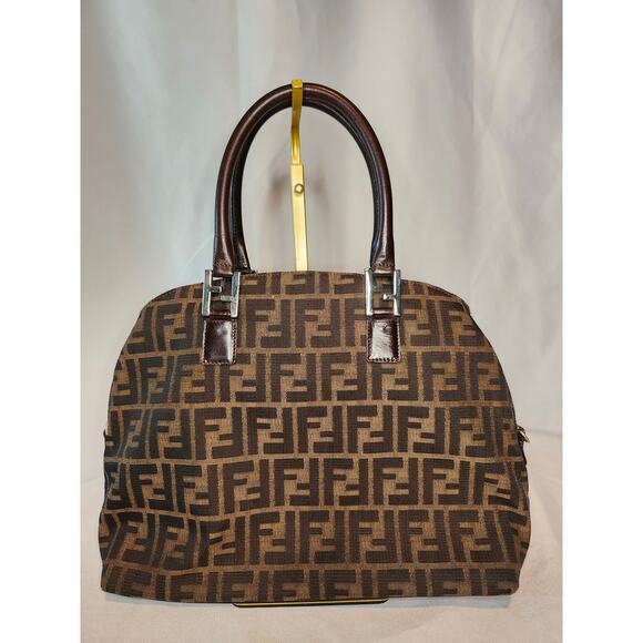 Fendi Zucca Canvas Dome Satchel Handbag Brown Leather Trim FF Silver Hardware - Picture 1 of 16